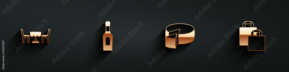 Set French cafe, Champagne bottle, Cheese and Paper shopping bag icon with long shadow. Vector