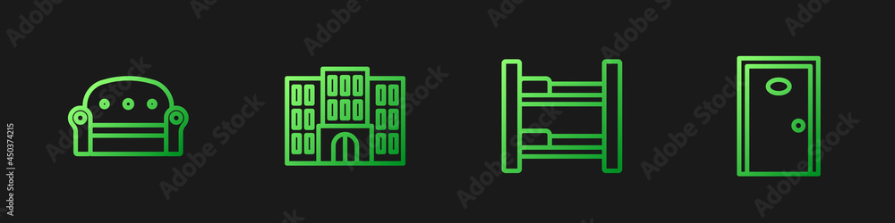 设置酒店客房床、沙发、建筑和门。渐变色图标。矢量