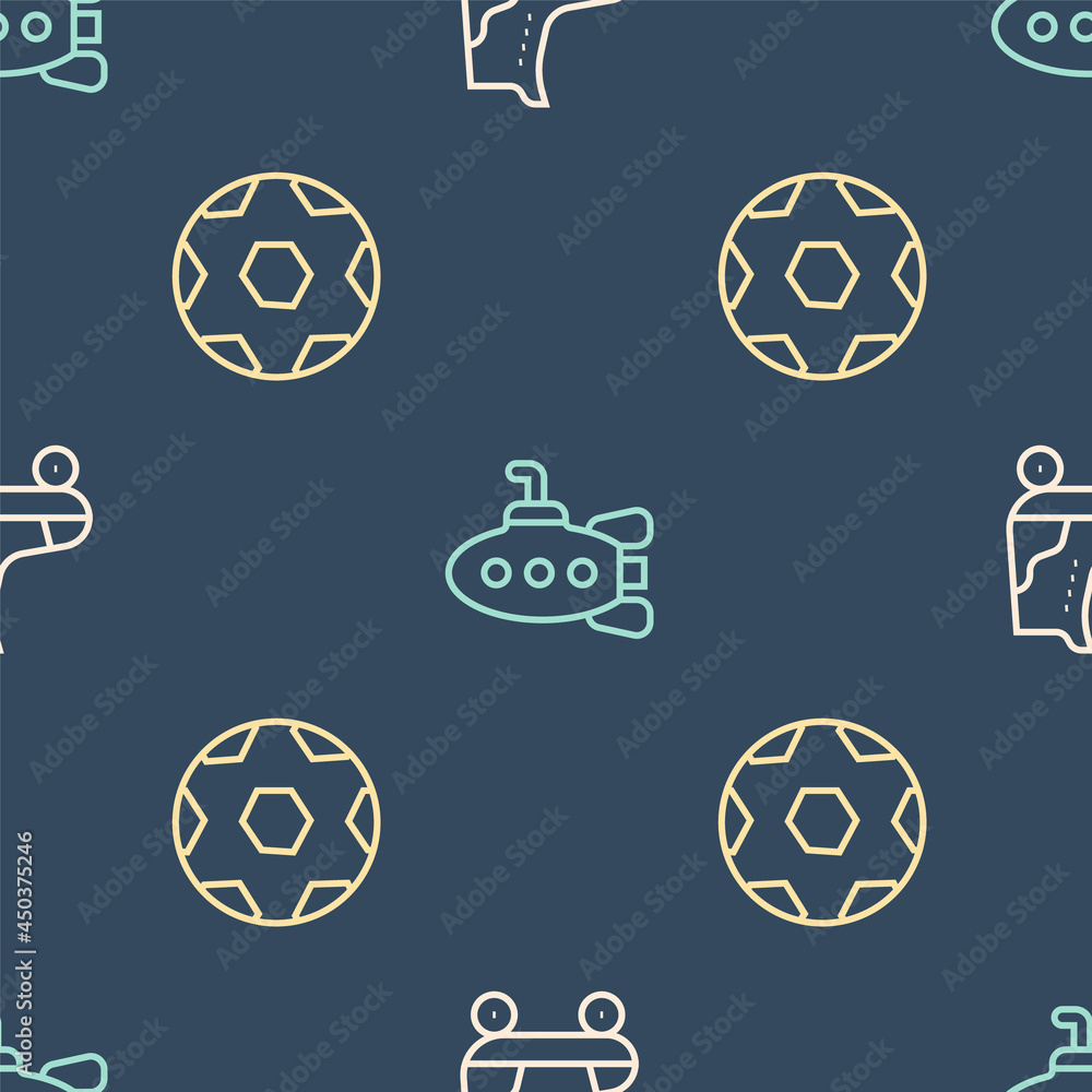 Set line Roller skate, Soccer football ball and Submarine toy on seamless pattern. Vector