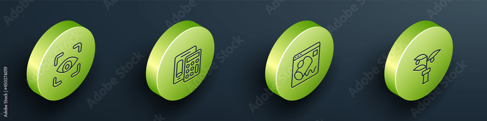 Set Isometric line Eye scan, Calculator, Data visualisation and Plant breeding icon. Vector