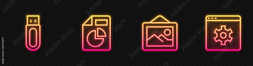 Set line Picture landscape, USB flash drive, Document with graph chart and Browser setting. Glowing 