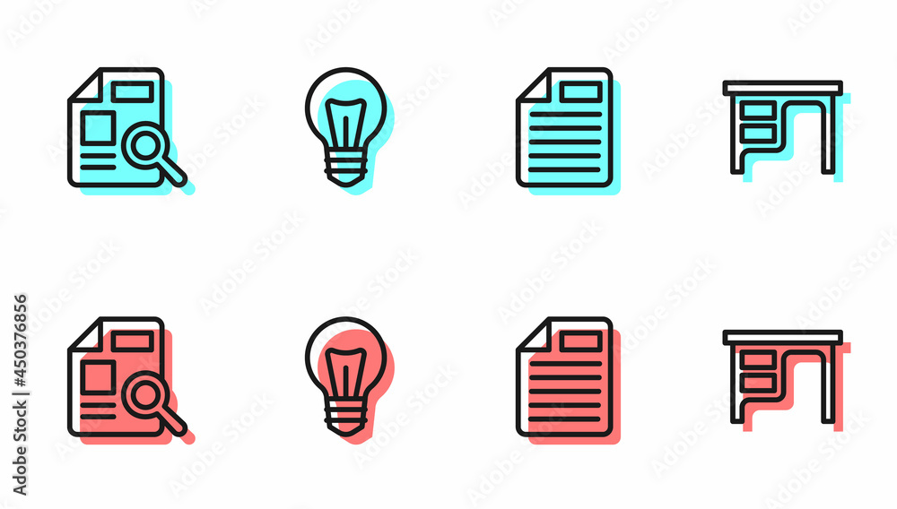 Set line File document, Document with graph chart, Light bulb and Office desk icon. Vector