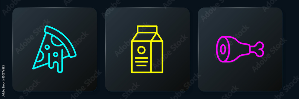 Set line Slice of pizza, Chicken leg and aper package for milk. Black square button. Vector