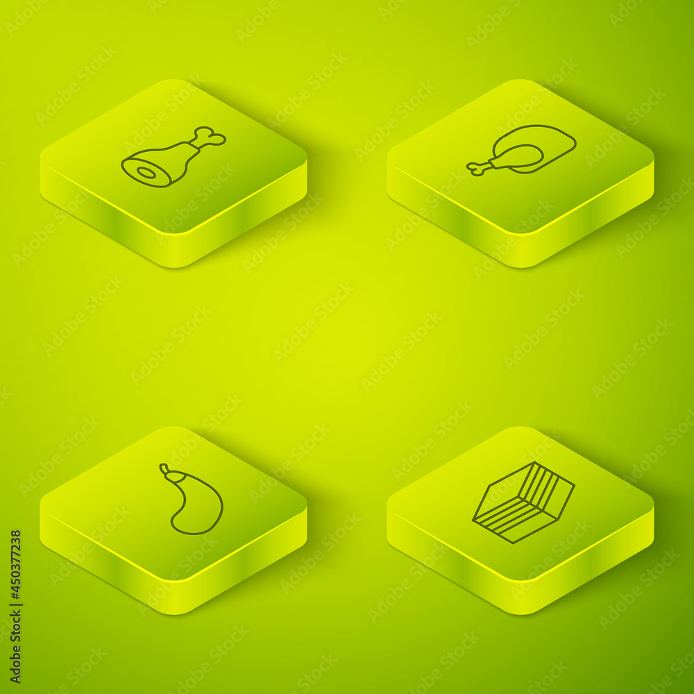 Set Isometric line Roasted turkey or chicken, Eggplant, Piece of cake and Chicken leg icon. Vector