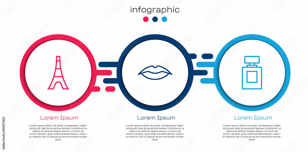 埃菲尔铁塔、微笑的嘴唇和香水。商业信息图模板。矢量