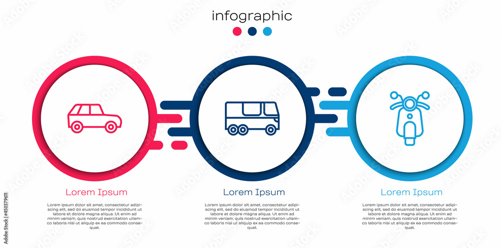 设置线路汽车、公共汽车和滑板车。业务信息图形模板。矢量