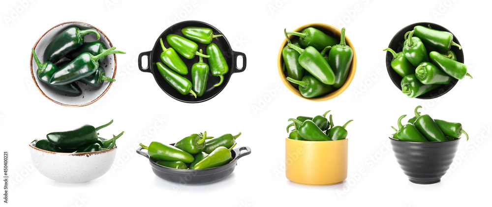 Green jalapeno peppers on white background