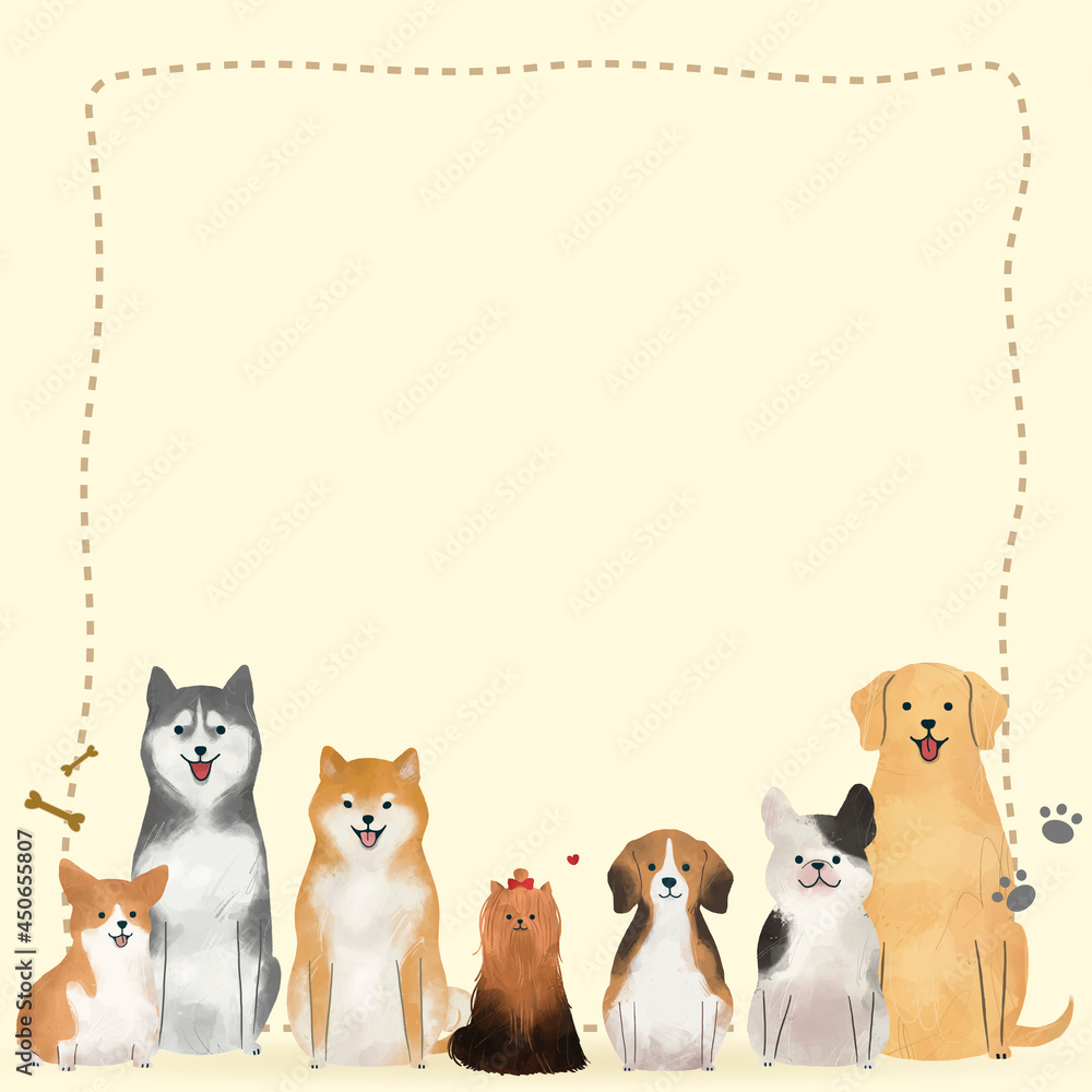 Frame with animals doodle vector on yellow background