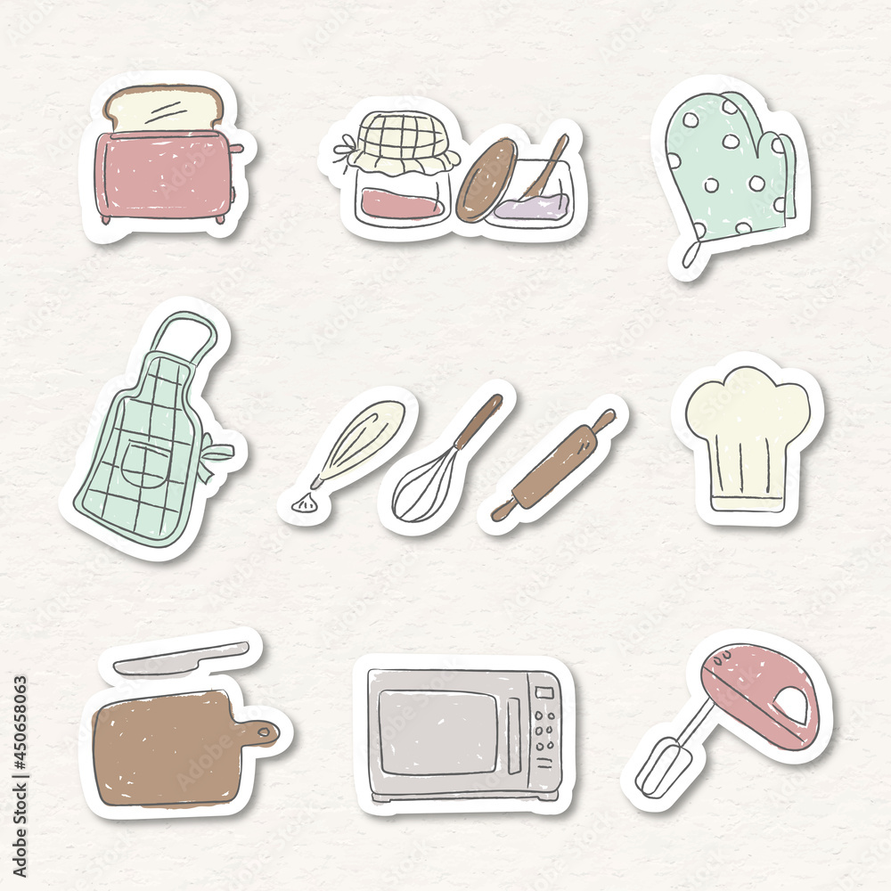 Cute kitchen utensils doodle sticker set vector