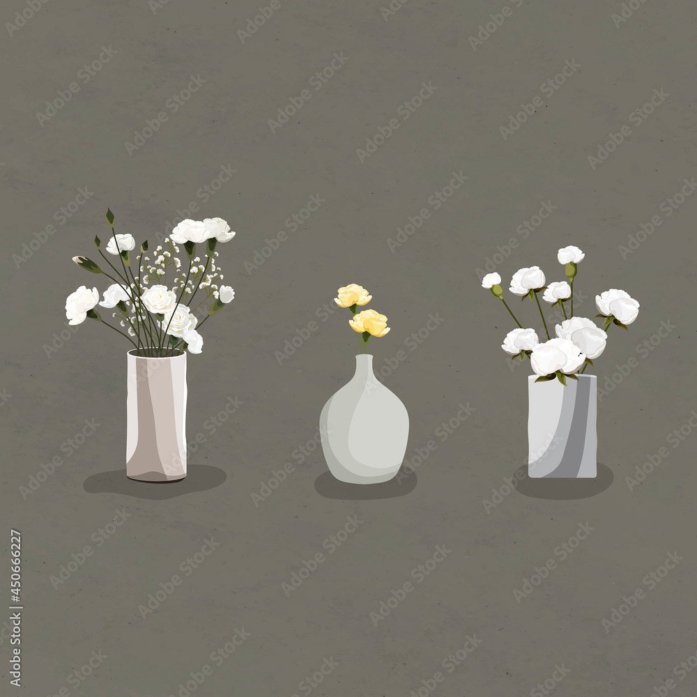 Blooming Billy Balls and white carnations in vases design element vector