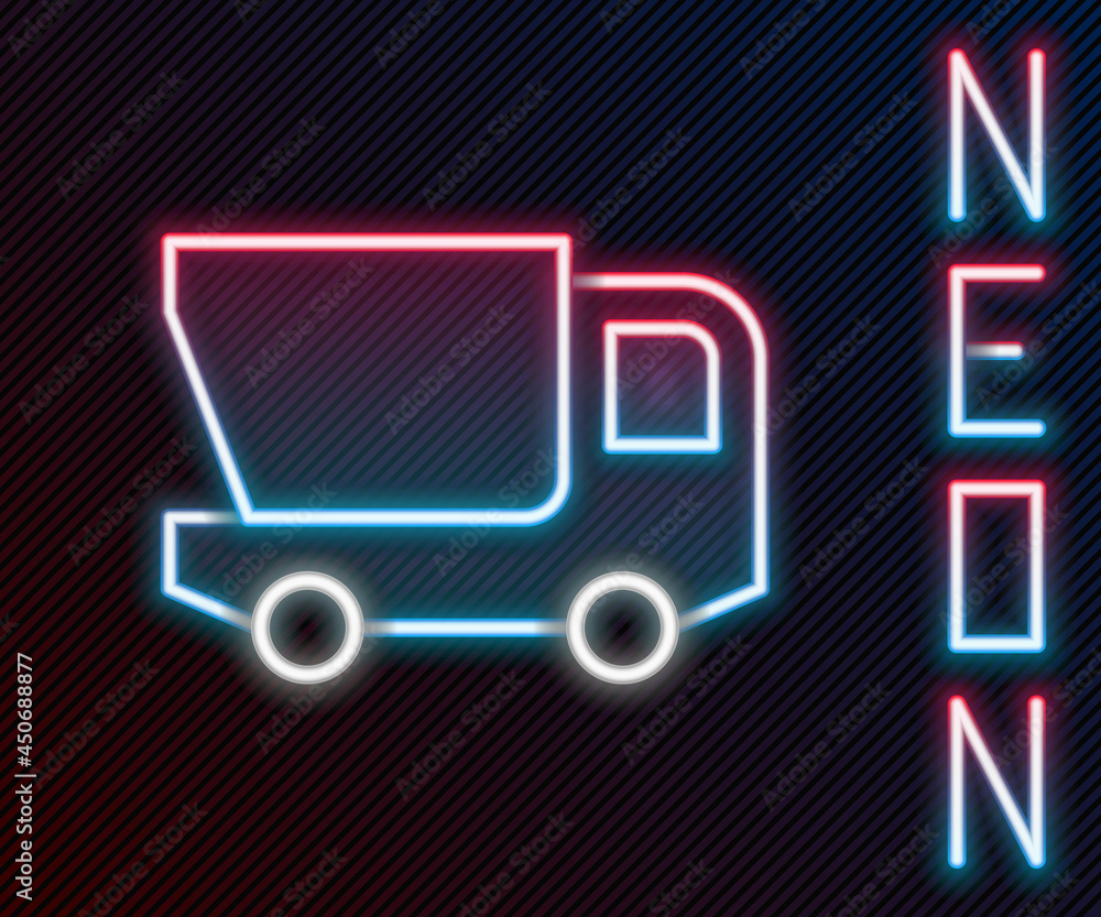 Glowing neon line Toy truck icon isolated on black background. Colorful outline concept. Vector