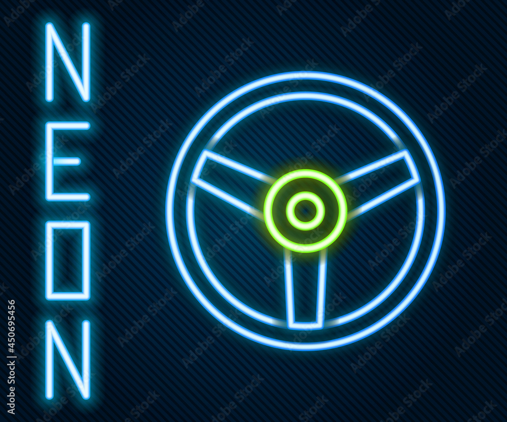 Glowing neon line Steering wheel icon isolated on black background. Car wheel icon. Colorful outline