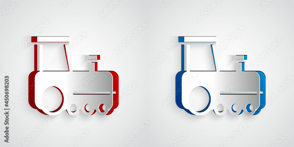 Paper cut Toy train icon isolated on grey background. Paper art style. Vector