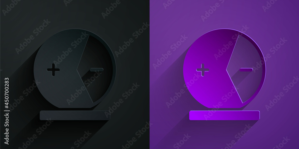 Paper cut Atom icon isolated on black on purple background. Symbol of science, education, nuclear ph