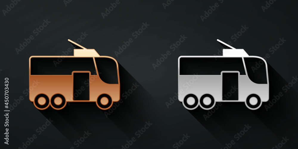 Gold and silver Trolleybus icon isolated on black background. Public transportation symbol. Long sha