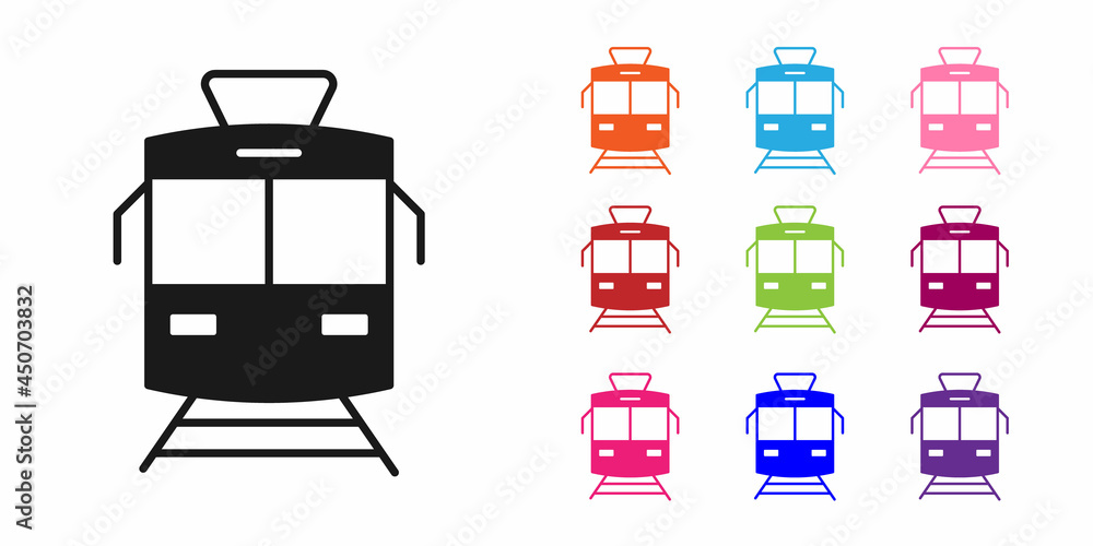 白色背景上隔离的黑色有轨电车和铁路图标。公共交通符号。将图标设置为co