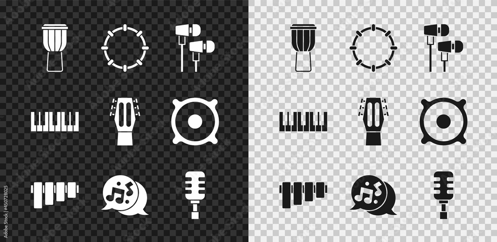 Set Drum, Tambourine, Air headphones, Pan flute, Music note, tone, Microphone, synthesizer and Guita