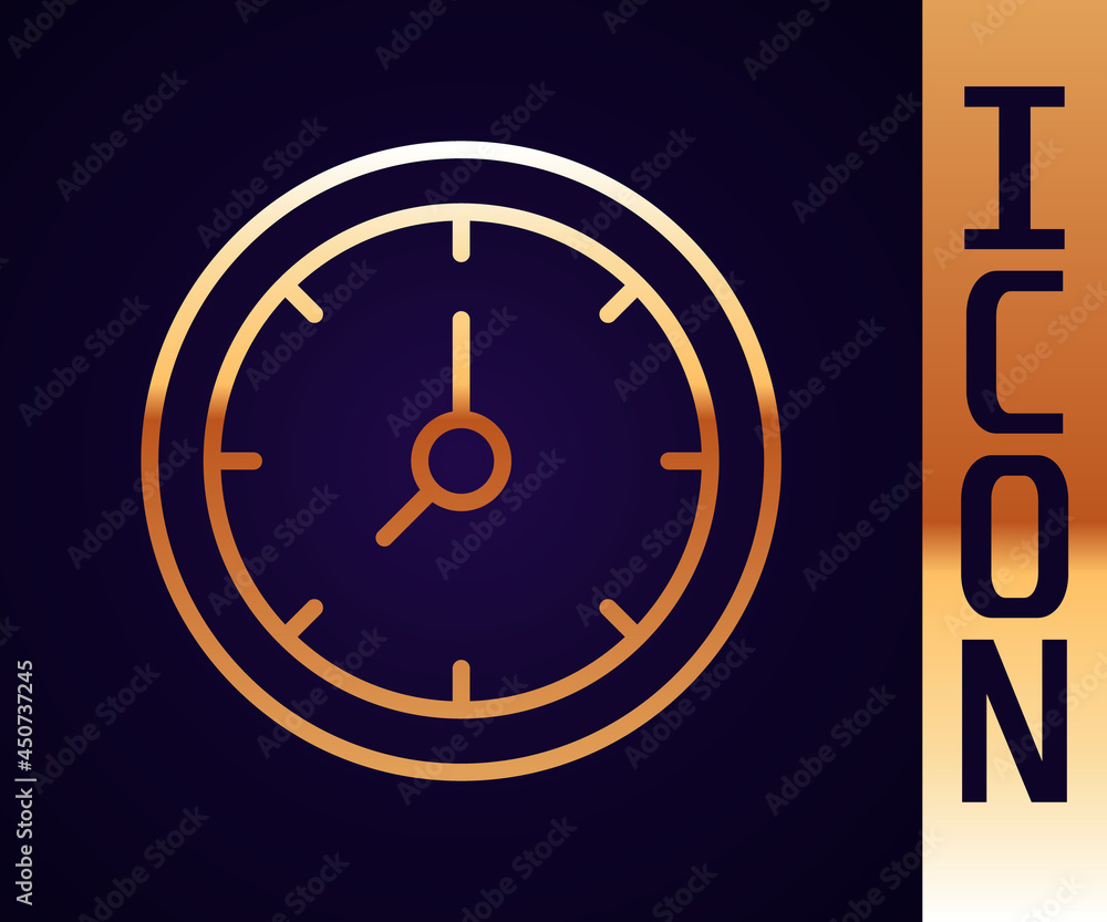 Gold line Clock icon isolated on black background. Time symbol. Vector