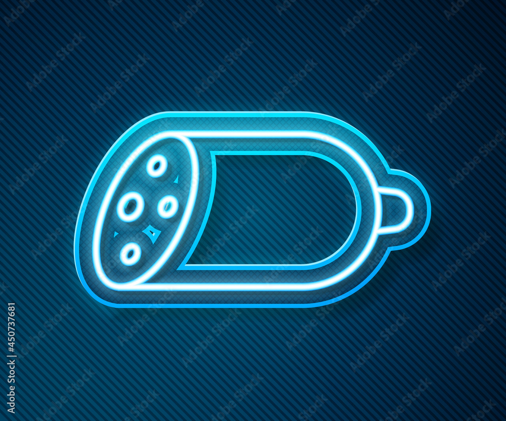 Glowing neon line Salami sausage icon isolated on blue background. Meat delicatessen product. Vector