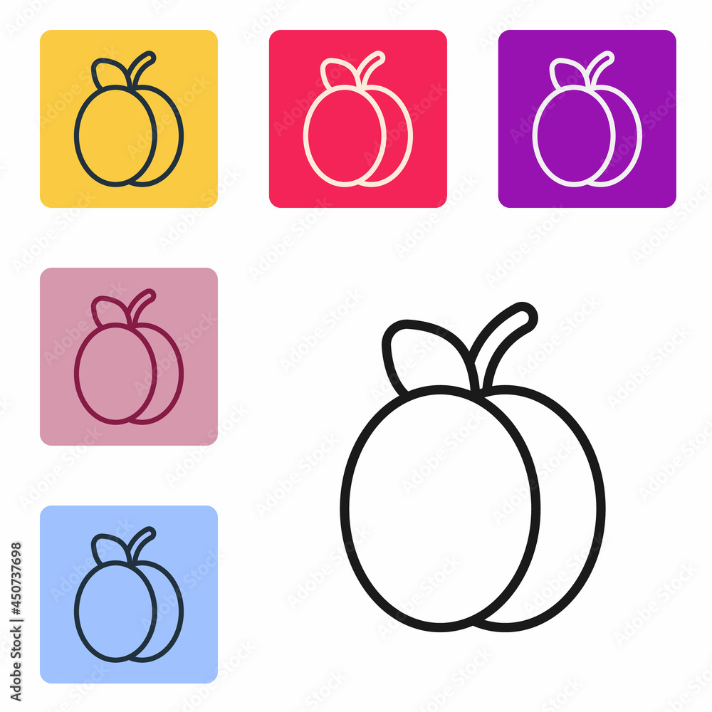 Black line Plum fruit icon isolated on white background. Set icons in color square buttons. Vector