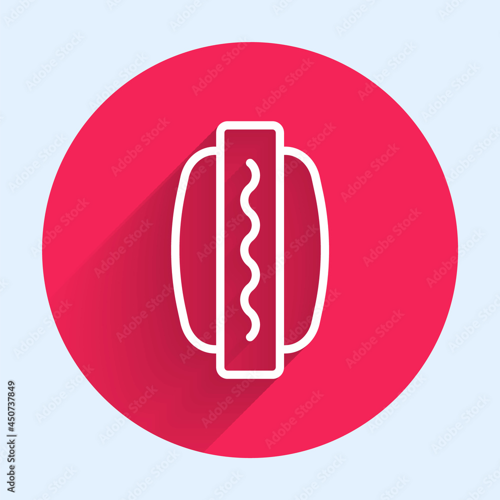 White line Hotdog sandwich icon isolated with long shadow background. Sausage icon. Fast food sign. 