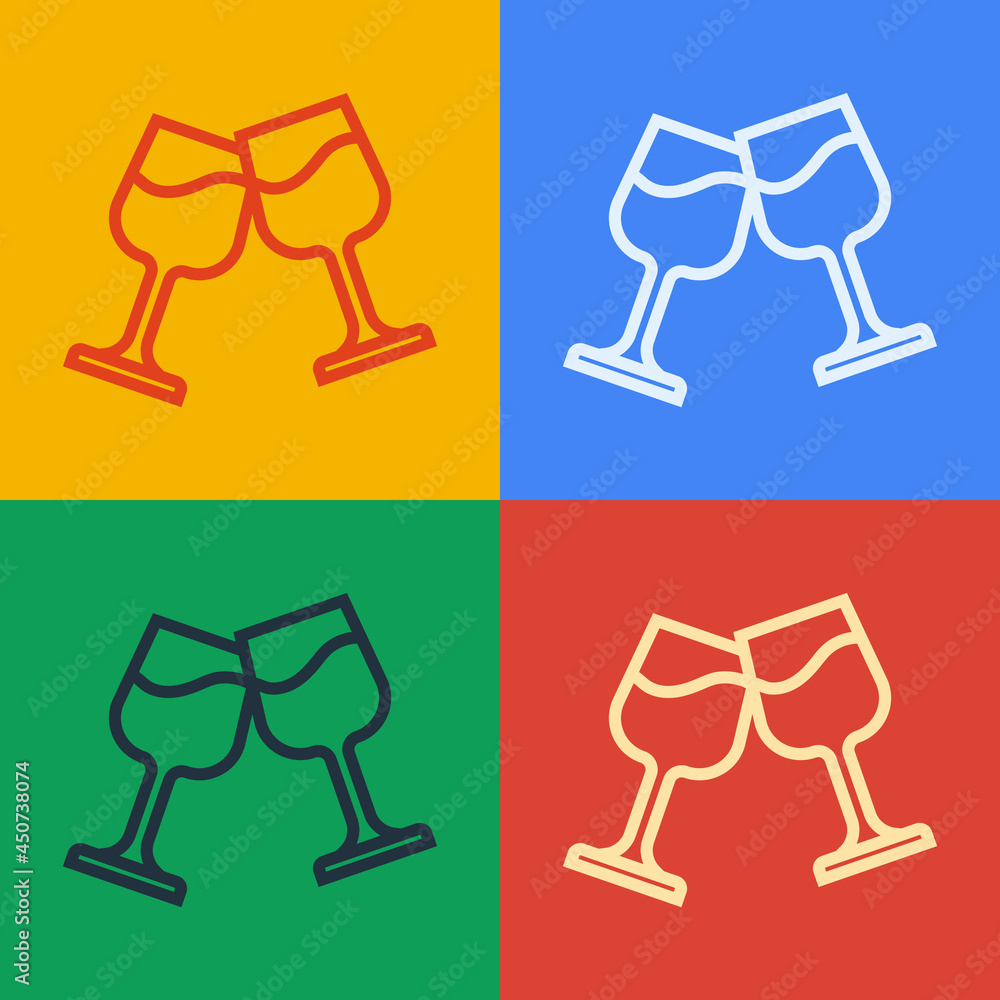 Pop art line Wine glass icon isolated on color background. Wineglass sign. Vector