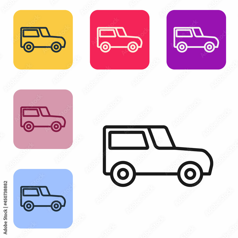 Black line Car icon isolated on white background. Set icons in color square buttons. Vector