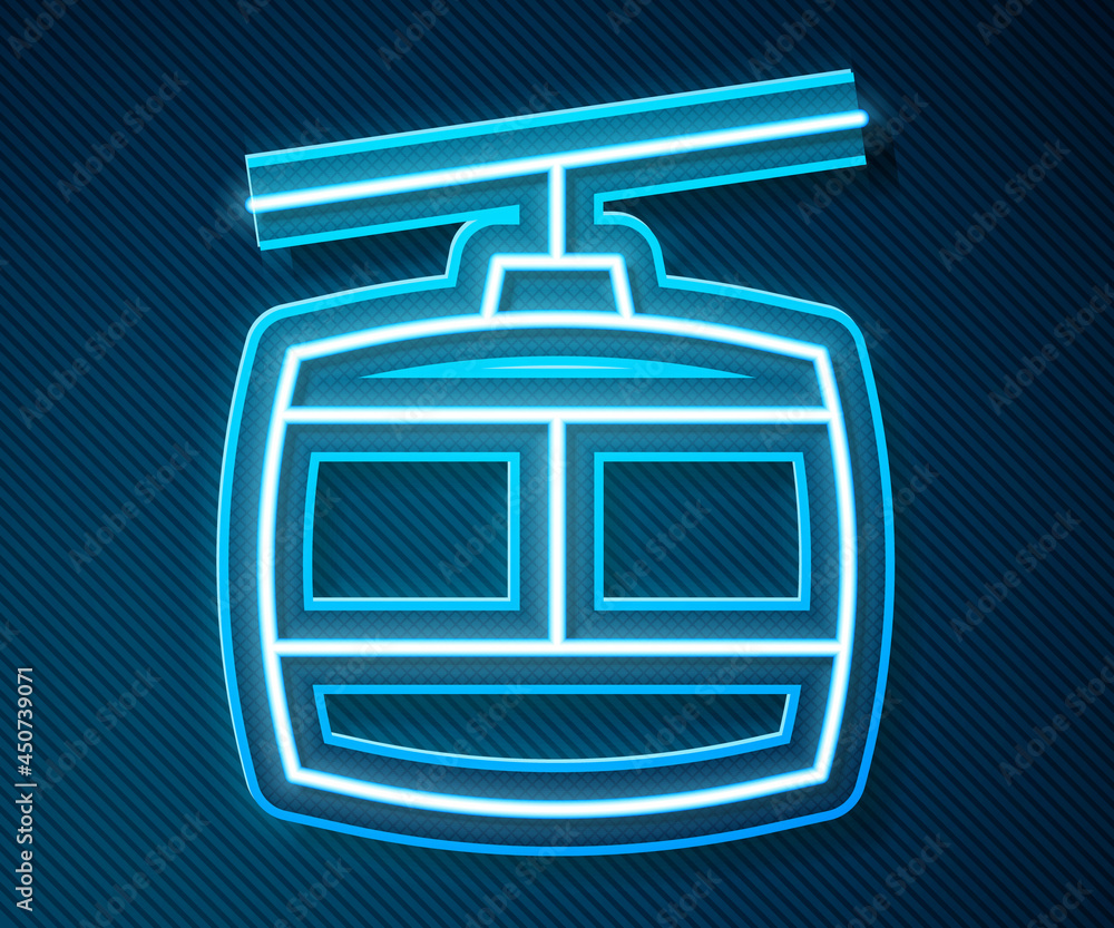 Glowing neon line Cable car icon isolated on blue background. Funicular sign. Vector