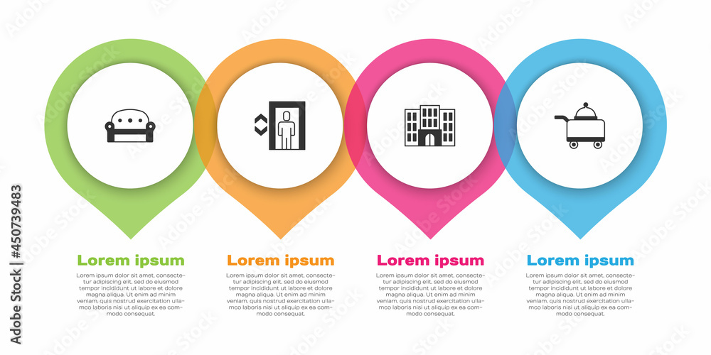 设置沙发、电梯、酒店建筑和托盘食品。商业信息图模板。矢量