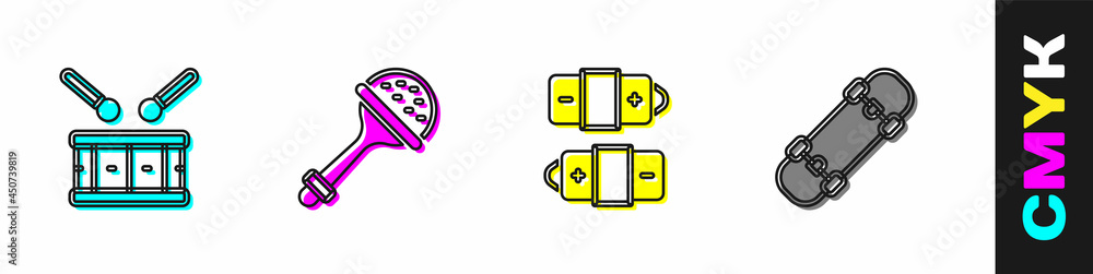 用鼓棒设置鼓，Rattle婴儿玩具，电池和滑板图标。矢量