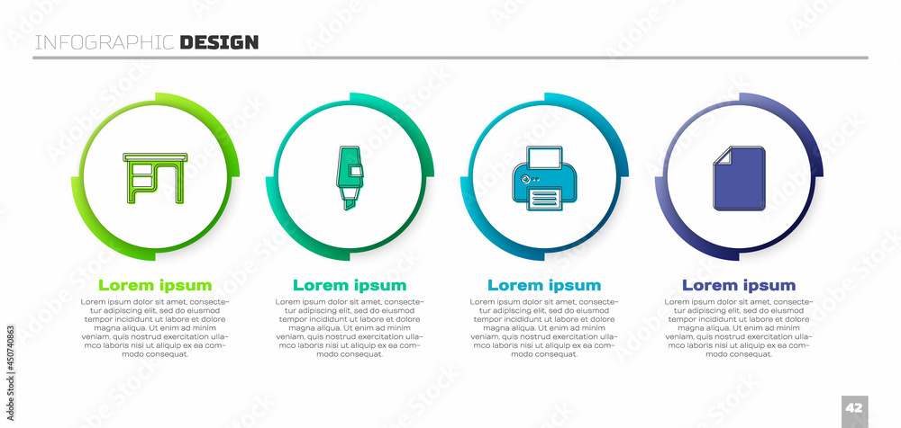 设置办公桌、记号笔、打印机和文件文档。商业信息图模板。矢量