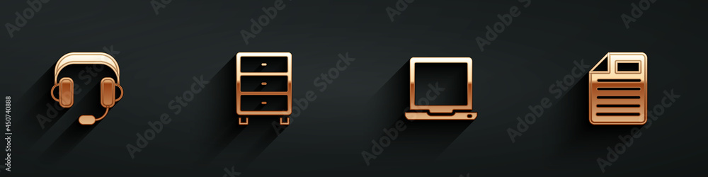 Set Headphones, Archive papers drawer, Laptop and File document icon with long shadow. Vector