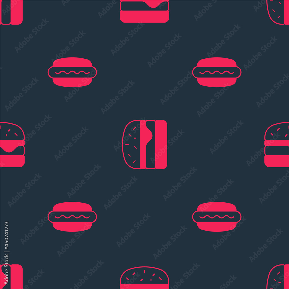 Set Hotdog and Burger on seamless pattern. Vector