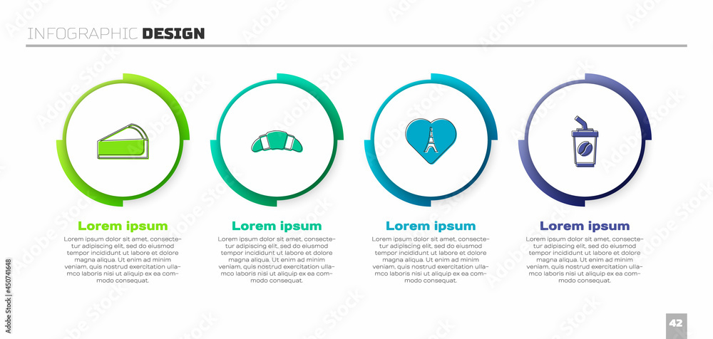 Set Cherry cheesecake slice, Croissant, Eiffel tower with heart and Coffee cup go. Business infograp