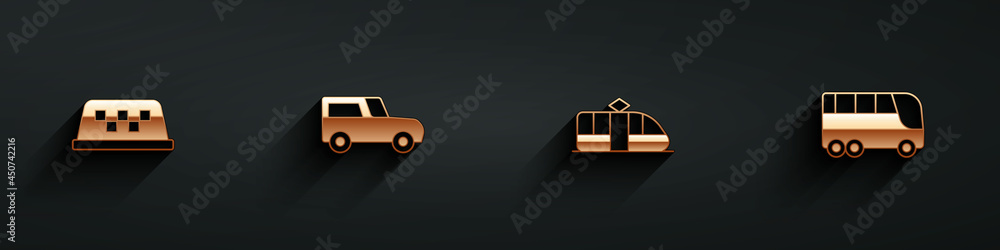 Set Taxi car roof, Car, Tram and railway and Bus icon with long shadow. Vector