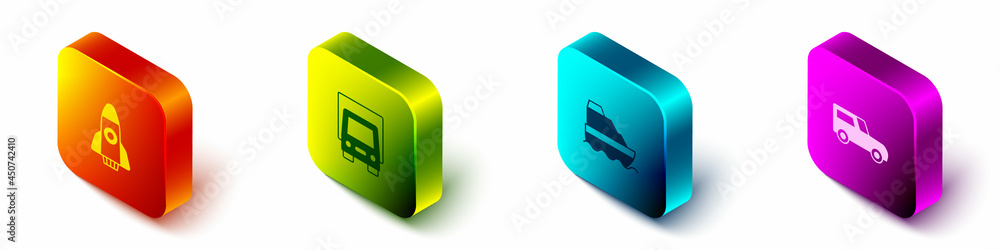 Set Isometric Rocket ship, Delivery cargo truck, Cruise and Car icon. Vector