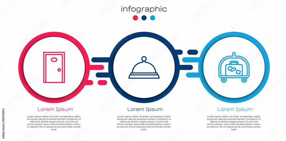 设置酒店门，上面放着托盘食品和行李车。商业信息图模板。Vect
