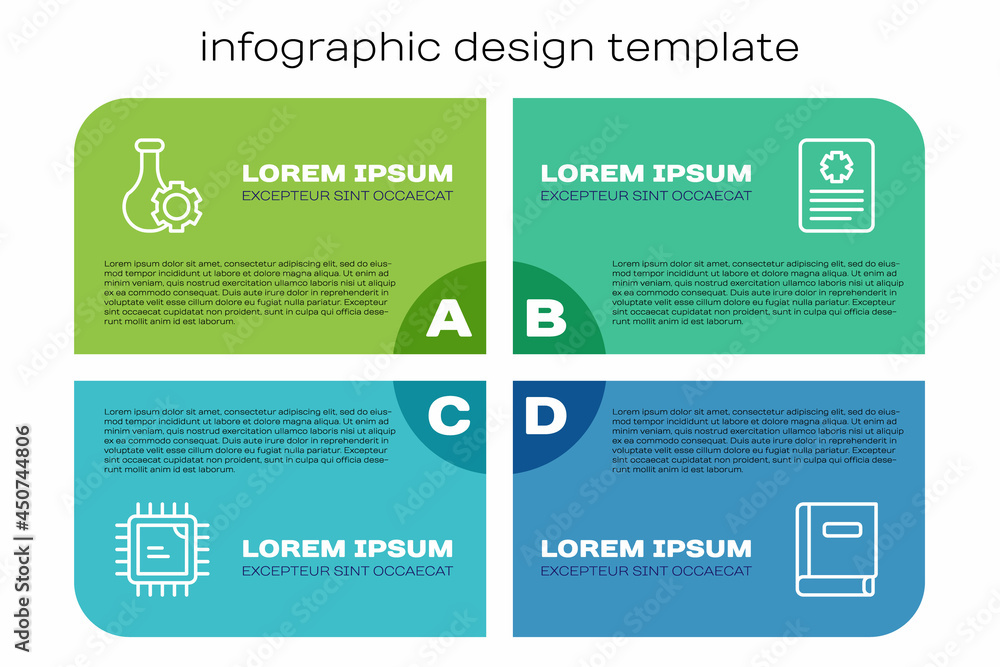设置线处理器CPU、试管、科学书籍和患者记录。商业信息图模板.V