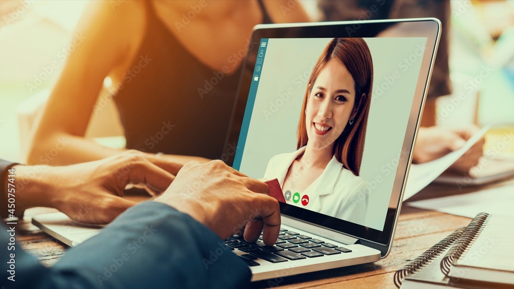 Video call group business people meeting on virtual workplace or remote office. Telework conference 