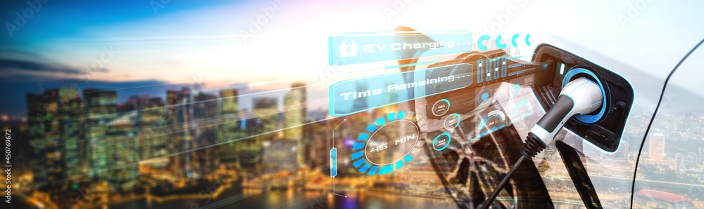 EV charging station for electric car in concept of alternative green energy produced from sustainabl