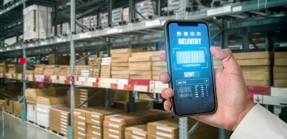 Warehouse management innovative software in computer for real time monitoring of goods package deliv