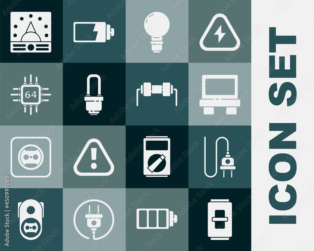 Set Electric light switch, plug, Fuse, Light bulb with concept of idea, LED, Processor microcircuits