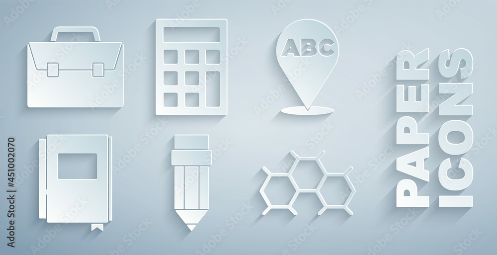 用橡皮擦、字母表、书本、化学配方、计算器和公文包图标设置铅笔。矢量