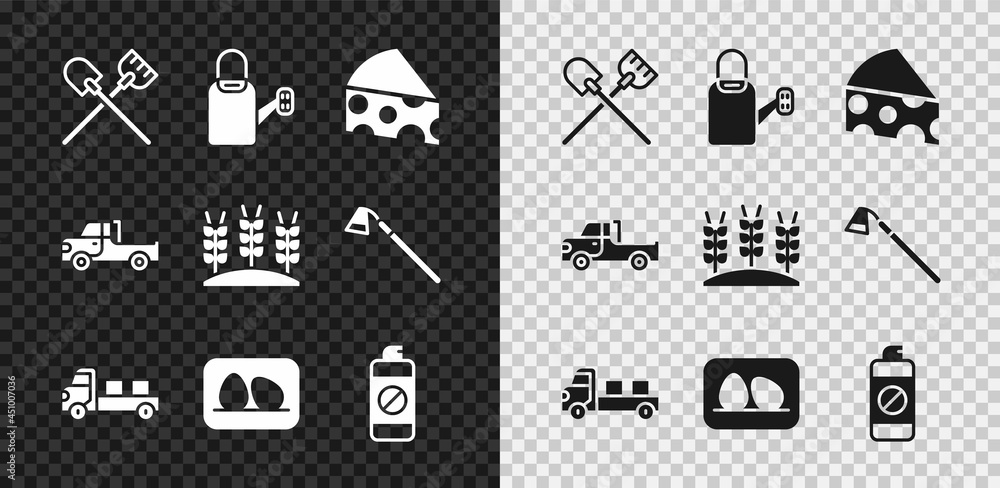 Set Shovel, Watering can, Cheese, Pickup truck, Chicken egg, Garden sprayer for fertilizer, and Whea