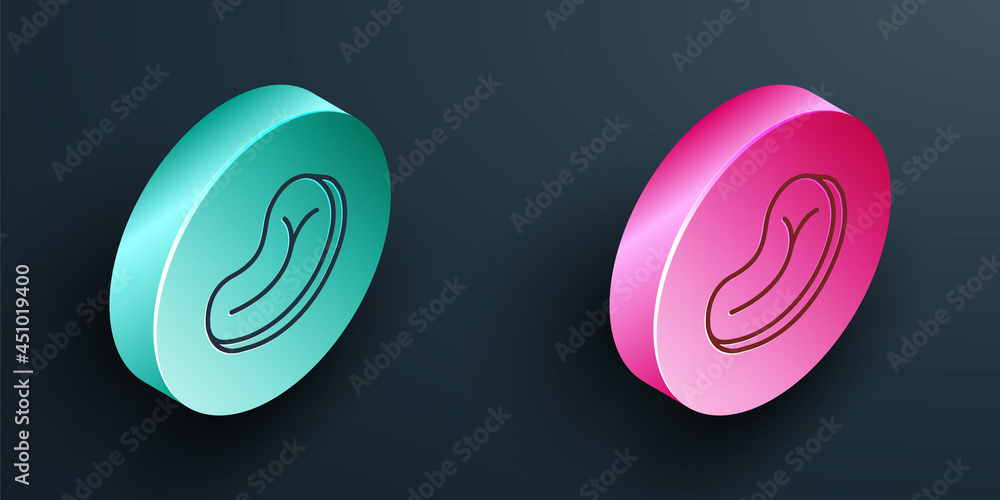 Isometric line Steak meat icon isolated on black background. Turquoise and pink circle button. Vecto