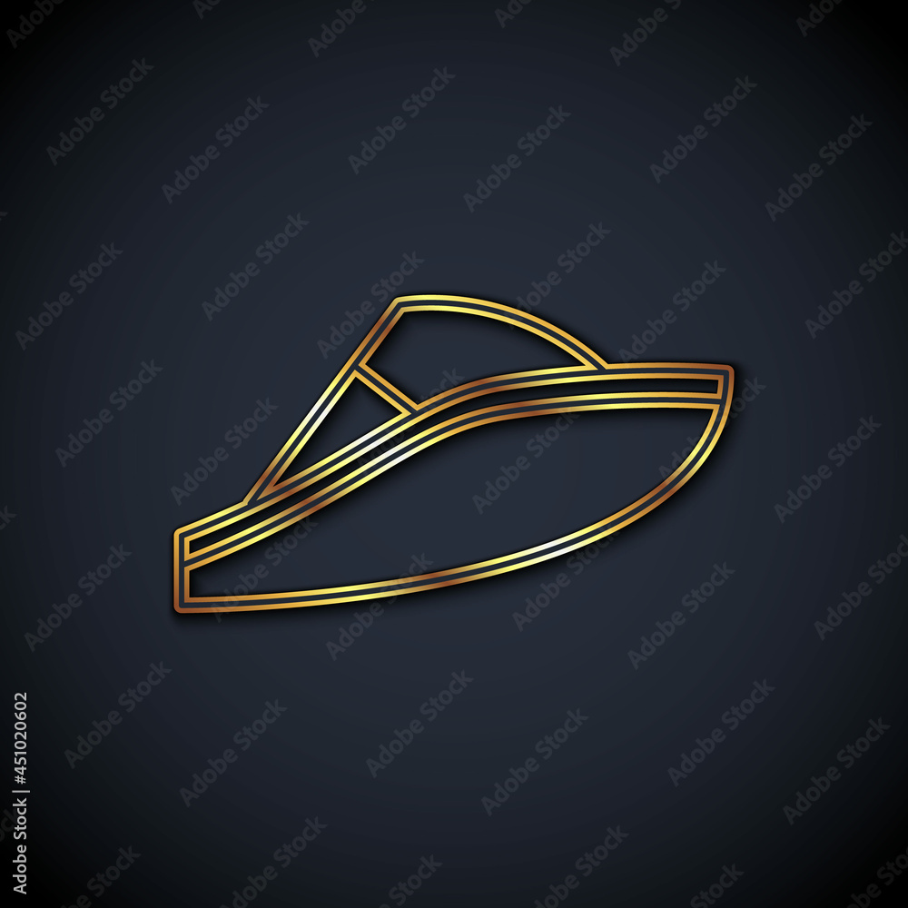 Gold line Speedboat icon isolated on black background. Vector