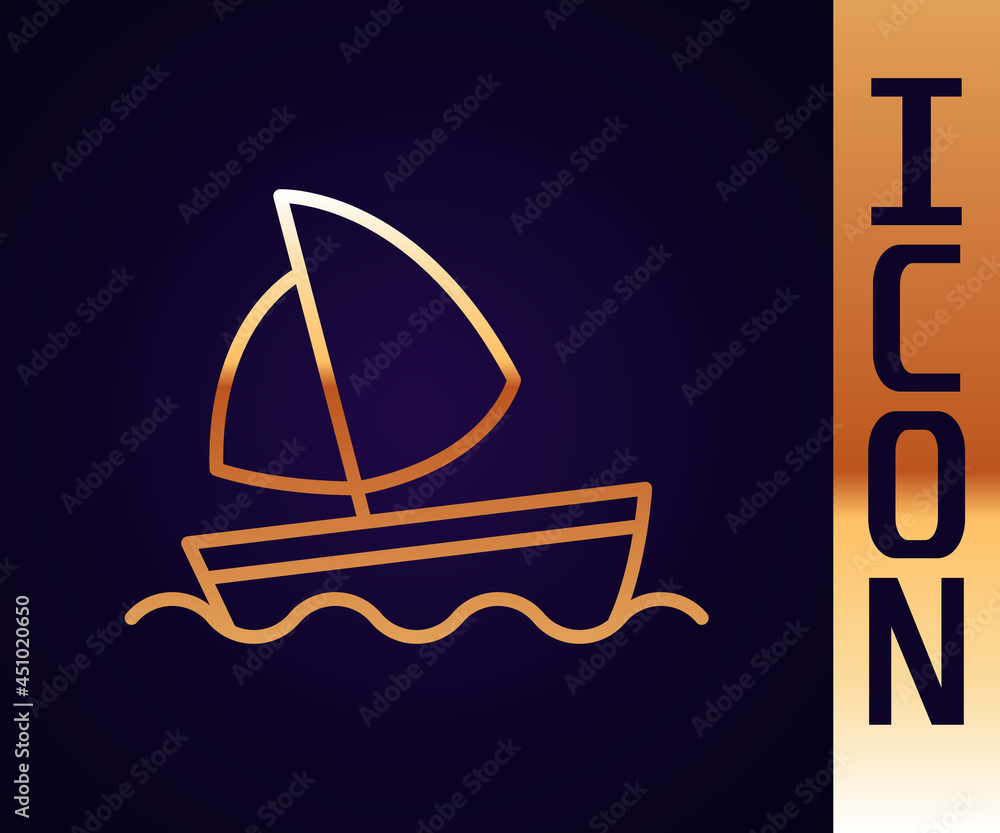 Gold line Yacht sailboat or sailing ship icon isolated on black background. Sail boat marine cruise 