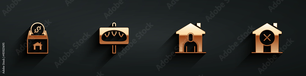 Set Donation and charity, food, Shelter for homeless and No house icon with long shadow. Vector