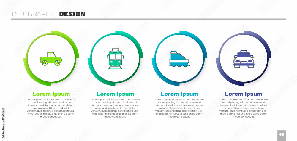 Set Pickup truck, Tram and railway, Cruise ship and Taxi car. Business infographic template. Vector