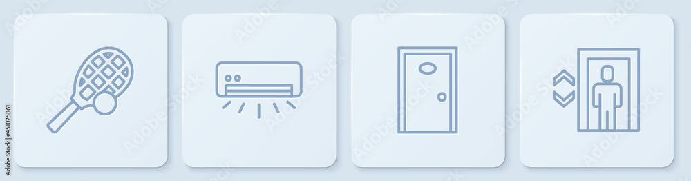 带球网球拍、酒店门、空调和电梯。白色方形按钮。矢量